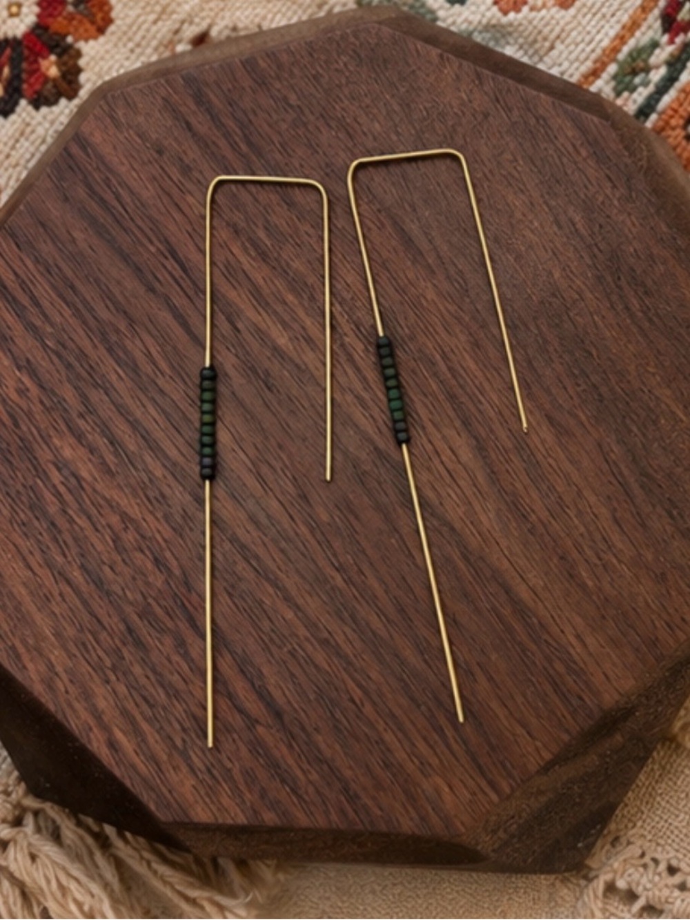 Brass Wire Earrings with Dark Green Beads